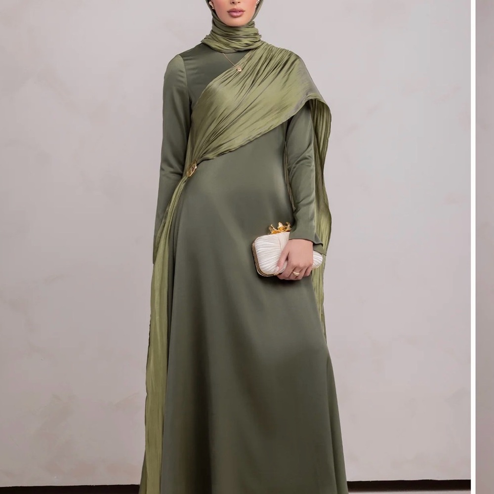 Olive Green Modest Long Sleeve Maxi Dress with Draped Scarf